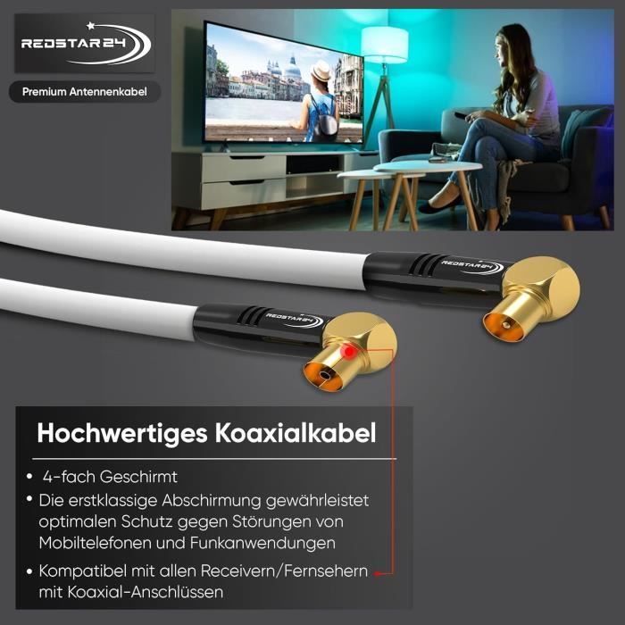 Câble d'antenne 30m Blanc - 90° coudé Coaxial | Mâle à Femelle - Câble ...