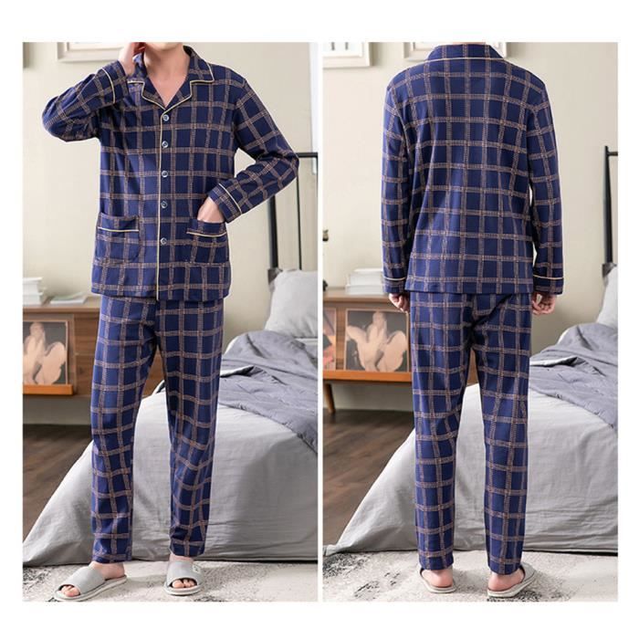 Pyjama Homme Carreau Coton Casual Longue Vêtements de Nuit avec Bouton et  Poche Chaud 2 Pièces-Bleu marine