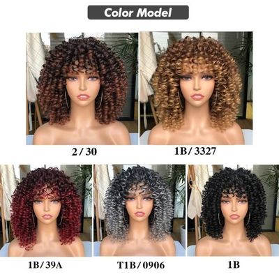 Perruque Synthétique Bouclée Courte Marron Foncé Avec Frange - Bonnet Moyen + 4 Bonnets Inclus
