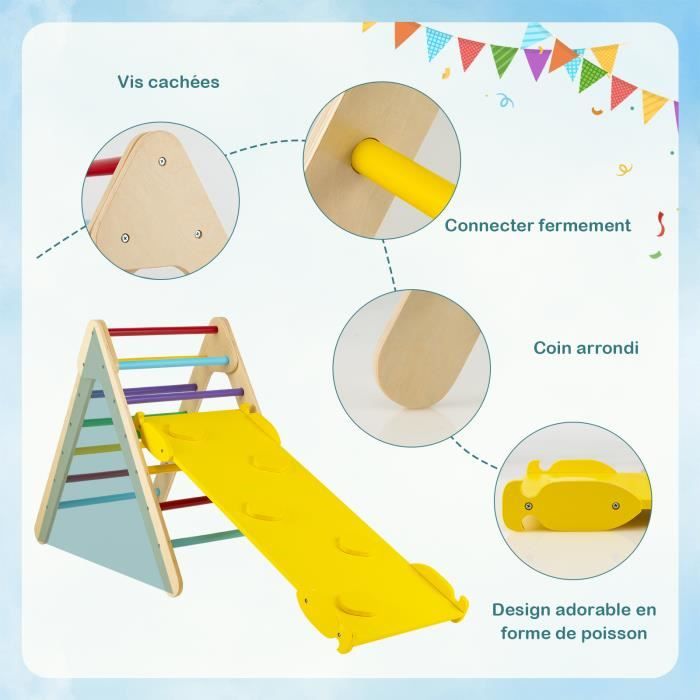 3 En 1 Triangle D'escalade Enfant Avec Rampe Double Face, Echelle D Escalade En Bois Moderne
