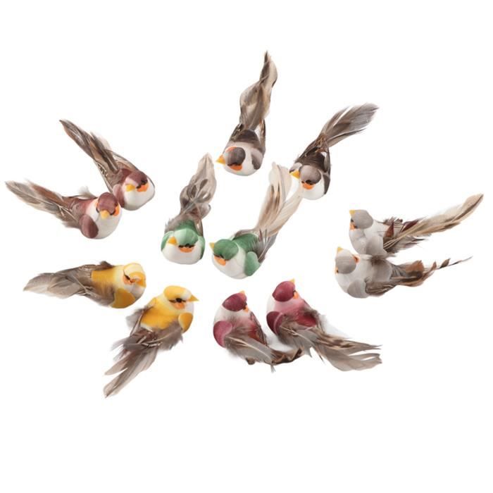 12 Oiseaux Artificiels à Plumes Avec Fil Métallique - Déco Jardin, Mariage, Artisanat - Multicolore
