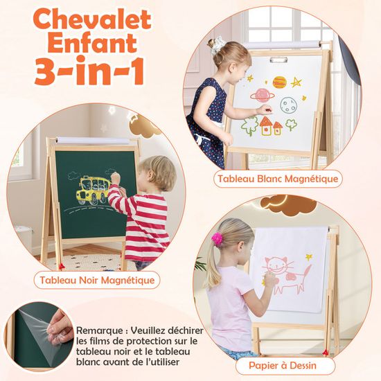 Chevalet Enfant Réglable Avec Tabouret - Tableau Blanc Effaçable, Feutres, Jouets Magnétiques - Dès 1 An