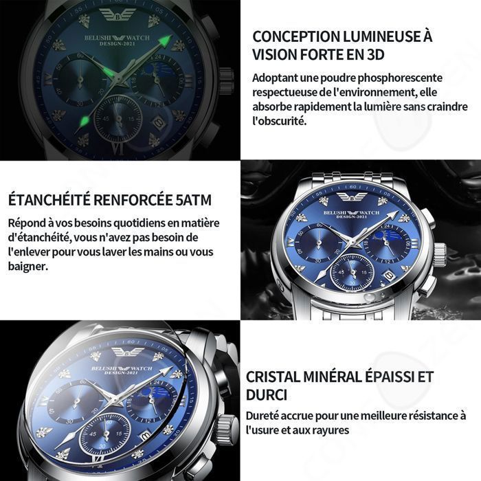 C Montre homme 4,1x2x24cm 5ATM chronographe lumineuses date grand