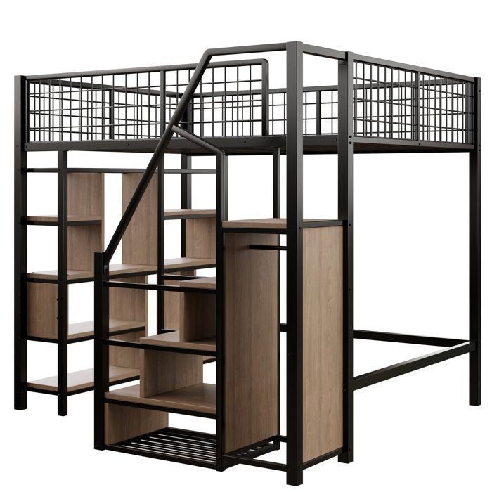 Lit Mezzanine Bois 140x200cm Avec Rangements Et Escalier - Idéal Adolescent, Espace Bureau/canapé En Dessous