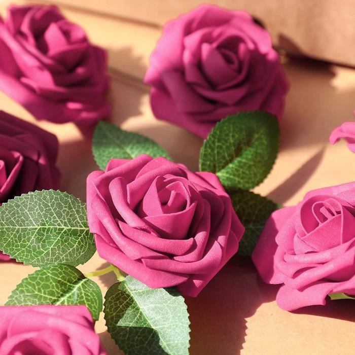 DuHouse Pack 25 Roses Artificielles Mousse Réaliste Avec Tiges - Bouquets Mariage Baby Shower Bourgogne