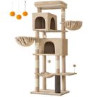 FEANDREA Grand Arbre à Chat, Hauteur 175 cm, Multi-Niveaux avec 2 Niches, 2 Paniers, 5 Griffoirs, Toilettage Autonome, Marron Camel