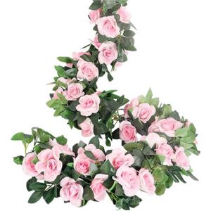 FLEUR ARTIFICIELLE Guirlande de roses artificielles avec feuilles de lierre - Lot de 4 - Rose - 2,2m