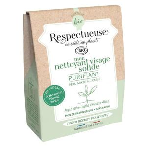 DÉMAQUILLANT NETTOYANT Respectueuse Mon Nettoyant Visage Solide Purifiant Bio 35g + Porte-Savon Végétal Offert