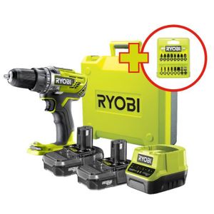 RYOBI Perceuse-visseuse sans fil 18V ONE+ R18DD3-220TA17 - 2 batteries de 2Ah - une boite à outils  - un coffret 17 accessoires
