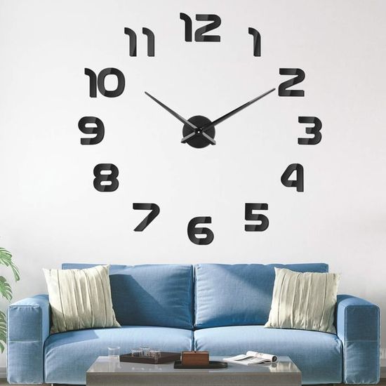 Horloge Murale DIY 40CM Noire - Mécanisme Silencieux Adhésif Design Moderne 3D Géante