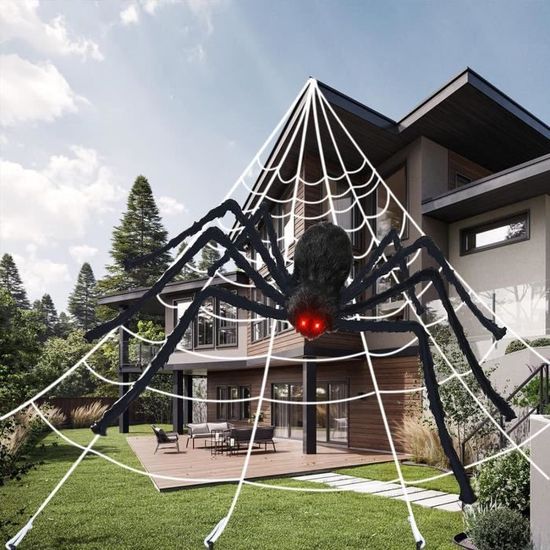 Araignée Géante Halloween 75 Cm - Décor Gris Avec Crâne, Yeux Rouges, Pattes Articulées, Pour Extérieur Ou Intérieur - 10