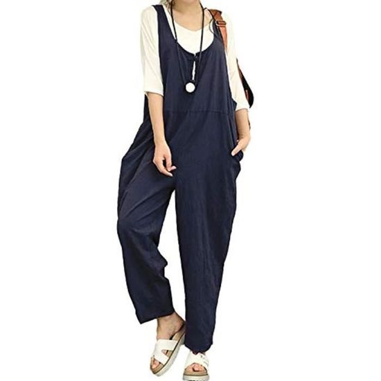 Combinaison Femme Coton Lin - Salopette Sans Manches Bretelles Réglables - Style Vintage Léger - Pantalon Large Été - 2