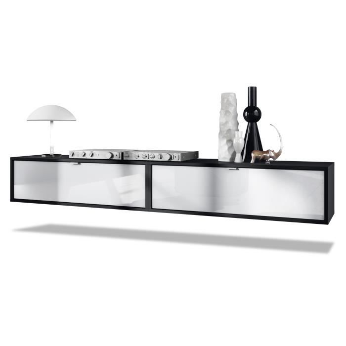 Vladon Ensemble de 2 set meuble TV Lana 100 armoire murale lowboard 100 x 29 x 37 cm en noir façades en Blanc haute brillance