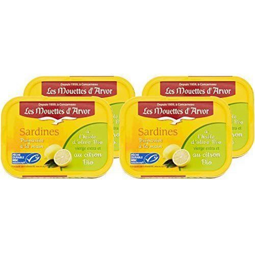Les Mouettes d`Arvor Sardines à l`Huile d`Olive et Citron Bio 115 g - Lot de 4