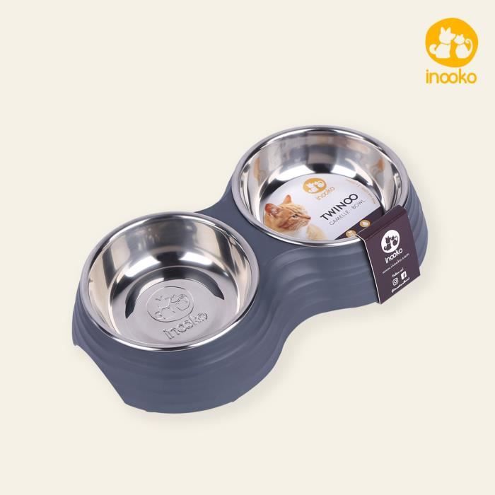 inooko - Gamelle Double pour chat en Acier inoxydable avec support amovible, Capacité de 500ml (2x250ml), pour chat, Antidérapante,