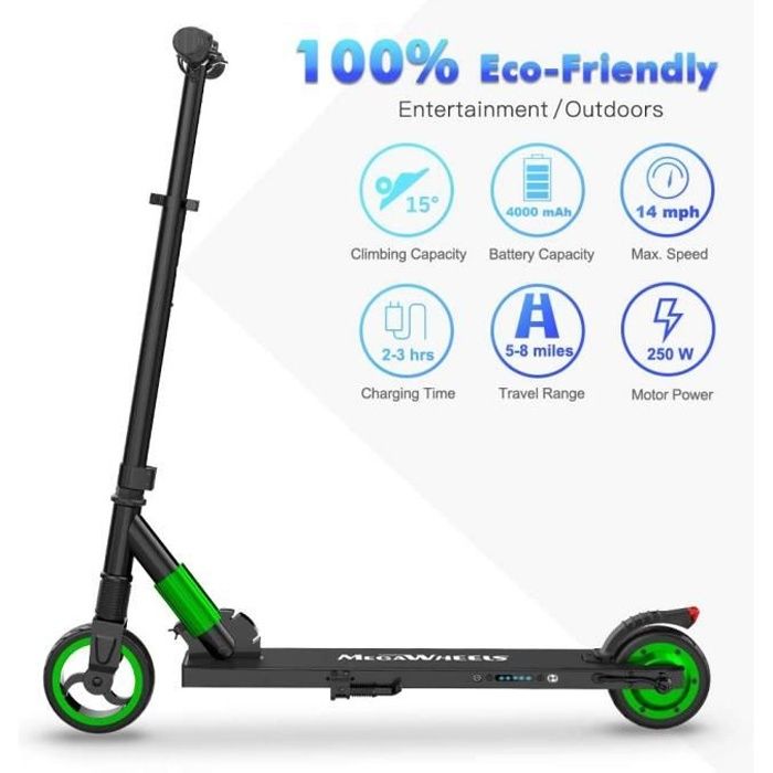 Trottinette Électrique Adulte et Enfant, MEGAWHEELS S1 Ultra-Léger Scooter Électrique Pliant 6”-250W - 23km/h -5Ah -Vert