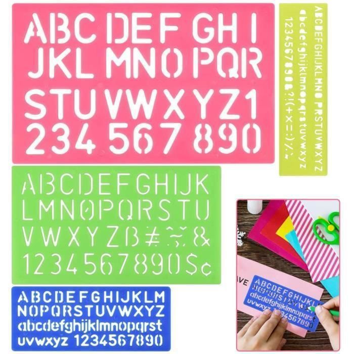 4 PCS Pochoir Alphabet Réutilisable en Plastique Pochoir Chiffre et Letter Pochoir à Dessin Règle pour Enfants Création de Cartes d