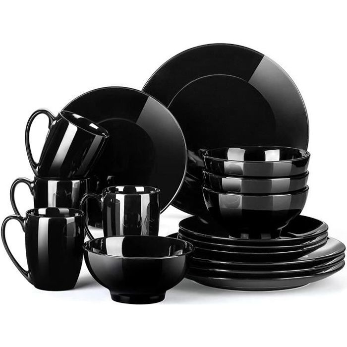 Service de Table en Porcelaine - Service Vaiselle Complet 16 Pièces pour 4 Personnes - Noir - LOVECASA Série Sweet