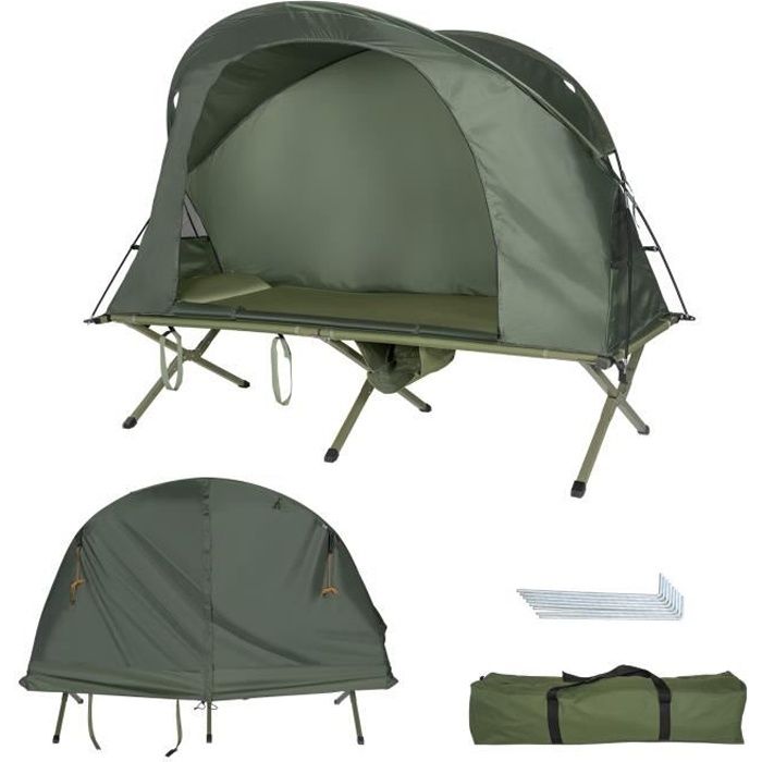COSTWAY Tente Camping Surélevée pour 1 Personnes Matelas Auto-gonflant Sac Transport à Roulettes Double Toit Crochet de Lampe Vert