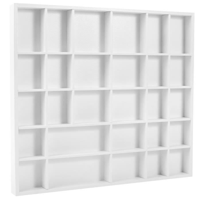 Petite Vitrine Plateau Étagère en Bois Blanche - 28 Compartiments - 44,5x40x3cm - Rangement des Bijoux et Perles pour Armoire