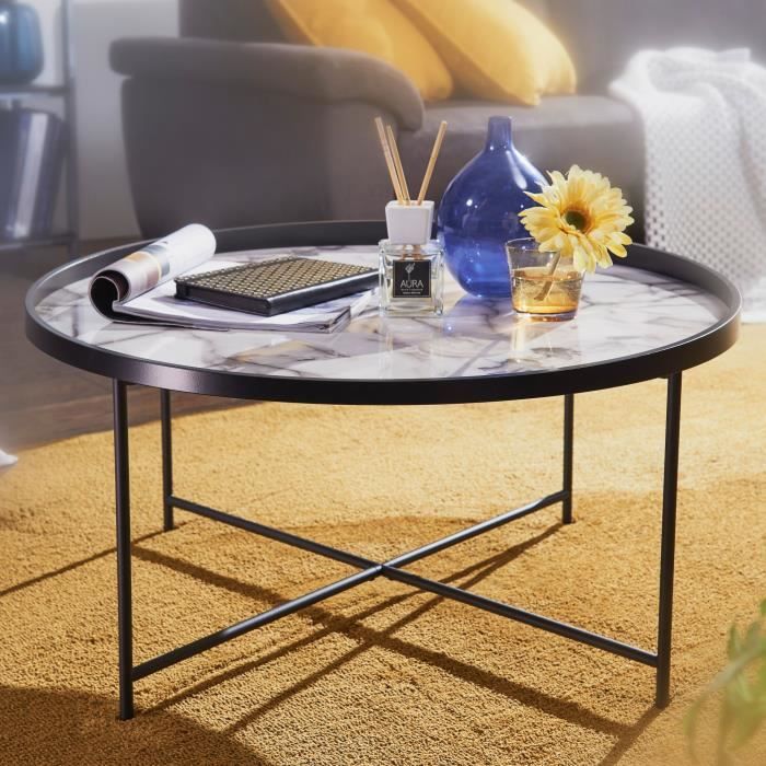 FineBuy Table Basse Rond 76 x 39 x 76 cm Table De Sofa Table De Solon Blanc Noir