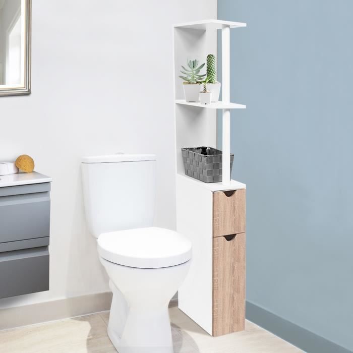 ID MARKET - Meuble WC étagère WILLY bois gain de place pour toilette 2 portes hêtre