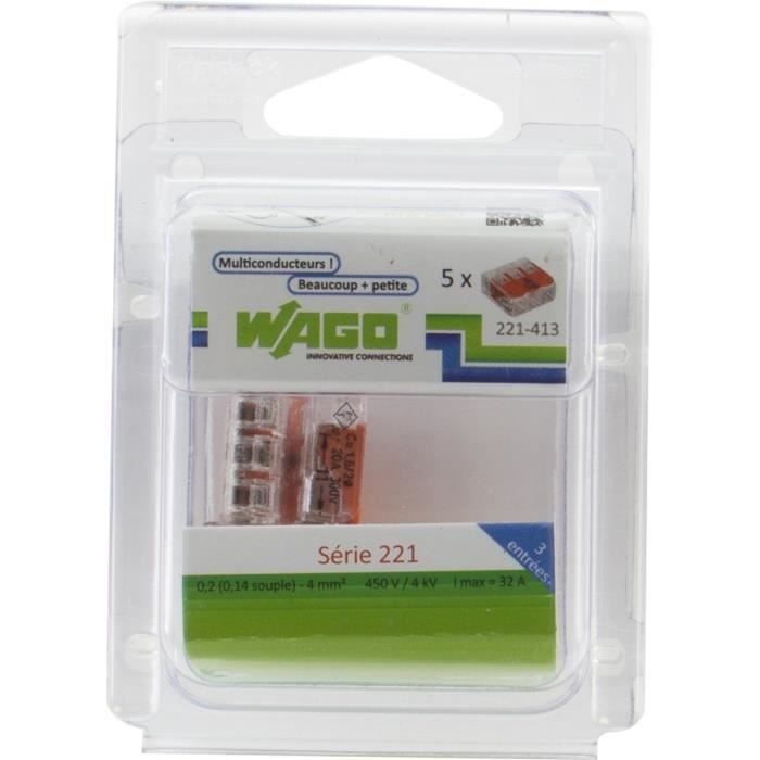 WAGO Pack de 5 Bornes de connexion universelle tous conducteurs - Type 221/ 3 entrées