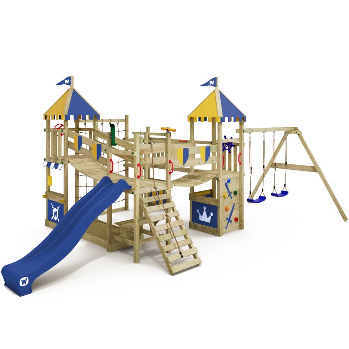WICKEY Aire de jeux Portique bois Smart Queen avec balançoire et toboggan bleu Maison enfant extérieure avec bac à sable