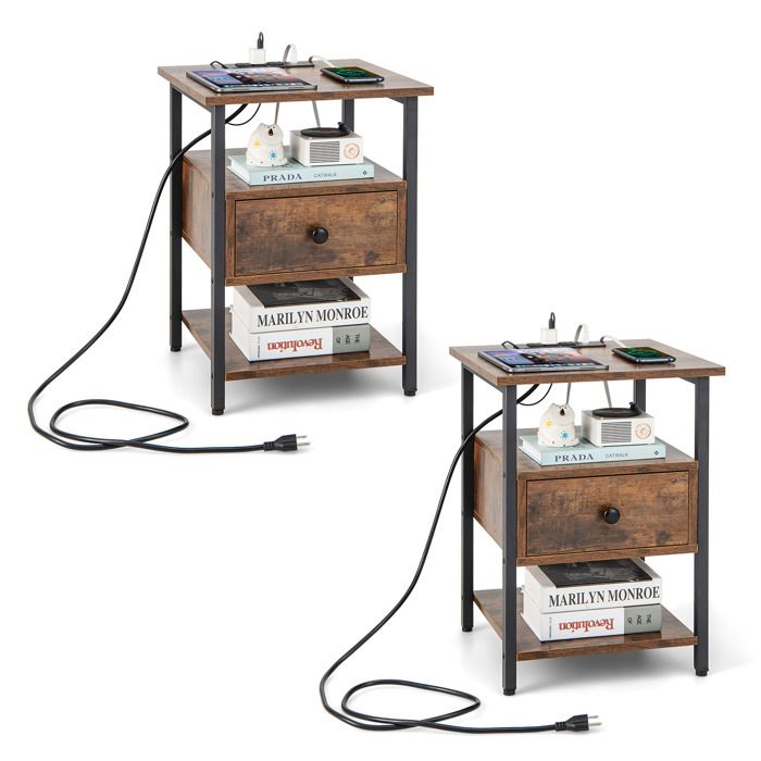 COSTWAY Lot de 2 Table de Chevet avec Station de Charge Etagères Ouvertes et Tiroir Style Industriel pour Chambre Salon Bureau COSTWAY Lot de 2 Table de Chevet avec Station de Charge Etagères Ouvertes et Tiroir Style Industriel pour Chambre Salon Bureau