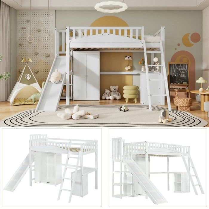 Lit Mezzanine 90x200 Cm Superposé Avec Bureau Et Armoire Escalier Equipe De Tiroirs Et Un Placard Escalier Blanc 98079921