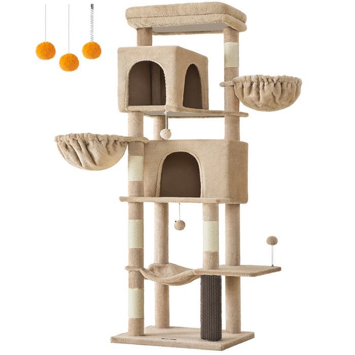Meilleurs prix pour Grand Arbre à Chat, Hauteur 175 cm, Multi-Niveaux avec 2 Niches, 2 Paniers, 5 Griffoirs, Toilettage Autonome, Marron Camel