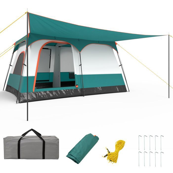 Tente de Camping 4-6 Personnes- COSTWAY-Auvent- 2 Chambres 2 Portes 2 Fenêtres en Maille Double Toit Amovible- Sac Transport - Vert