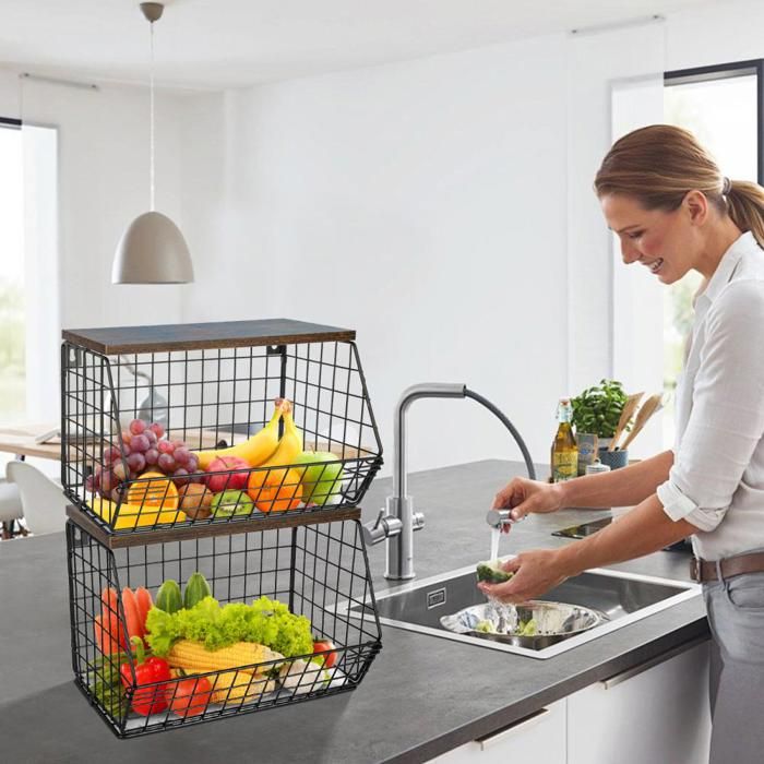 SUPFINE Panier de Fruits et Legumes Porte Fruits Mural Empilable Bac Etagère Rrange Legumes Cuisine 30*20*21cm