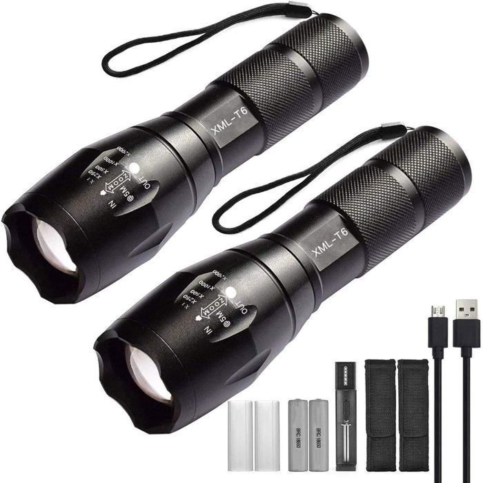 Lot de 2 lampes Torche de poche LED haute puissance avec 2 piles rechargeables 18650 lampe de poche tactique avec chargeur USB