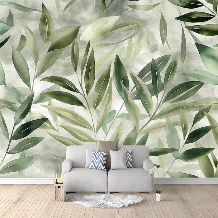 Papier Peint Panoramique 3D Feuilles De Saule Vert Aquarelle 350x256 cm ...