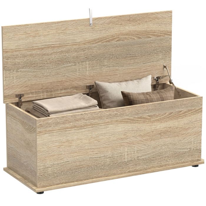 HOMCOM Coffre de Rangement, Banc de Rangement avec Couvercle Rabattable et charnières de sécurité, Banc Chaussures, Meuble d'entrée, Couloir, Chambre, Salon, 100 x 40 x 40 cm, Effet Bois Naturel