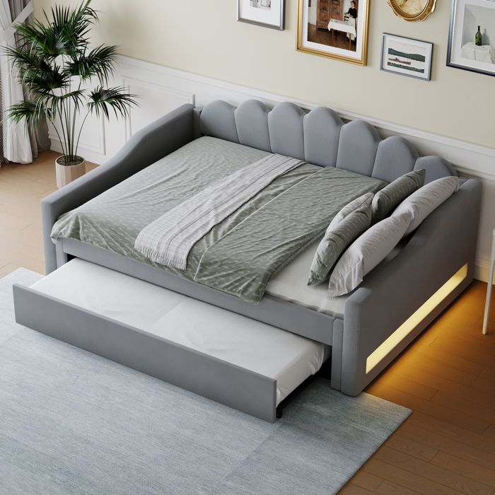 Lit gigogne capitonné 140 x 200 cm - Avec bande lumineuse LED - Avec sommier à lattes - MDF + lin - Gris Lit gigogne capitonné 140 x 200 cm - Avec bande lumineuse LED - Avec sommier à lattes - MDF + lin - Gris