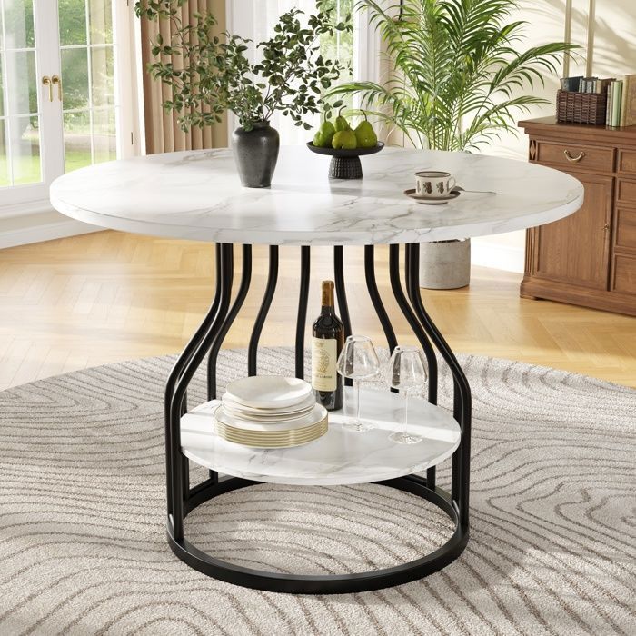 Table à Manger avec étagère - MDF - Table Ronde Moderne pour Cuisine Salon Salle à Manger - 80x80x76cm - Noir