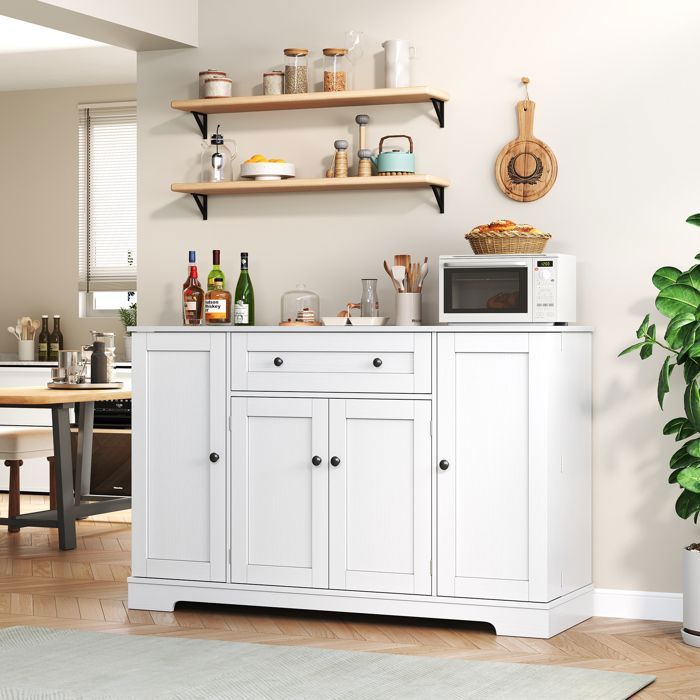 Buffet de Cuisine avec Portes et Tiroirs Bahut de Rangement Blanc - Meuble de Rangement Cuisine Salle à Manger Blanc Pure