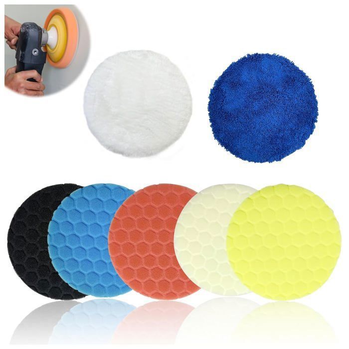 Kit 7 Pièces Tampons Polissage Voiture 150 Mm – Éponges Polisseuses Avec Velcro Pour Cirage Et Finition