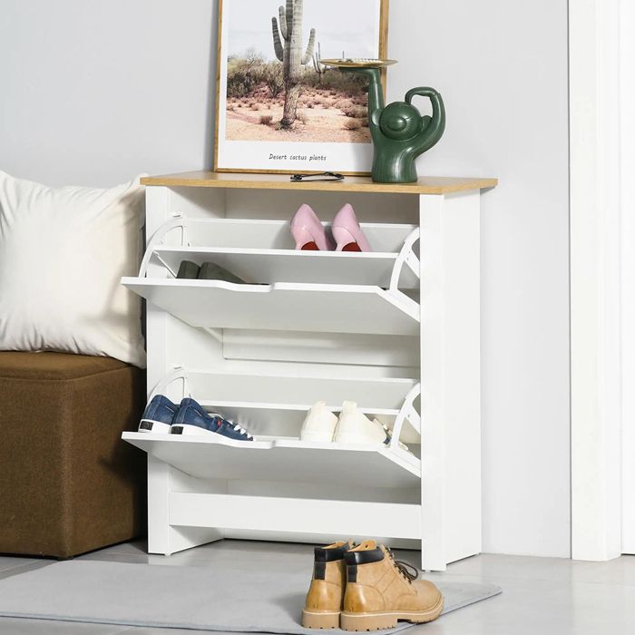 Meuble à chaussures 12 paires Blanc et chêne avec 2 tiroirs 72 x 26 x 80 cm