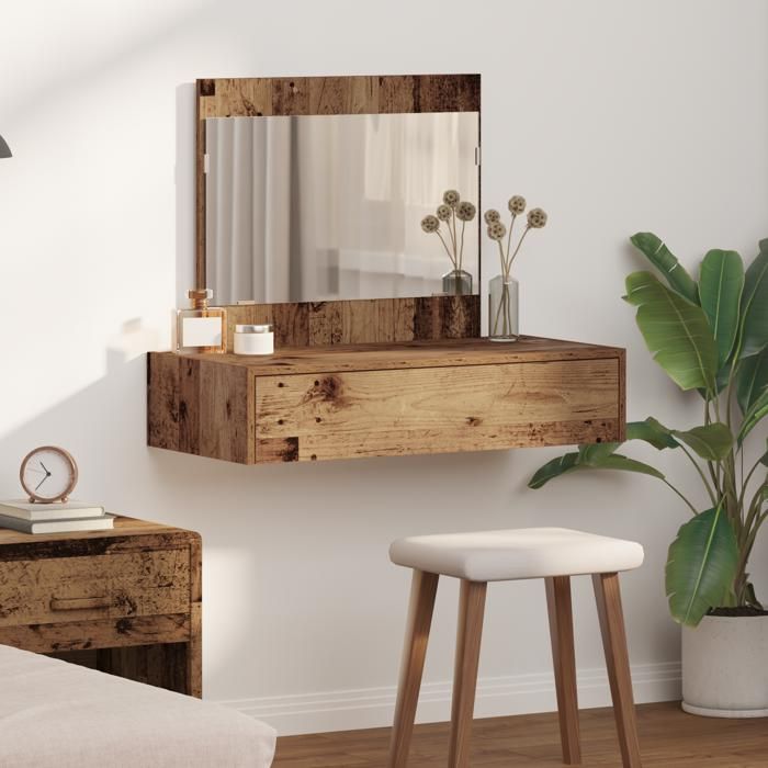 Coiffeuse murale en bois vieilli - vidaxl - 83x40x70 cm - Marron - Grand tiroir - Miroir standard - A suspendre