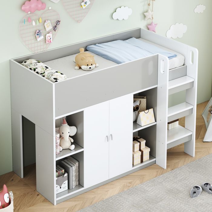 Lit mezzanine enfant 90x200cm avec bureau et tiroirs lit mi-haut avec espace rangement intégré et armoire et sommier à lattesgris