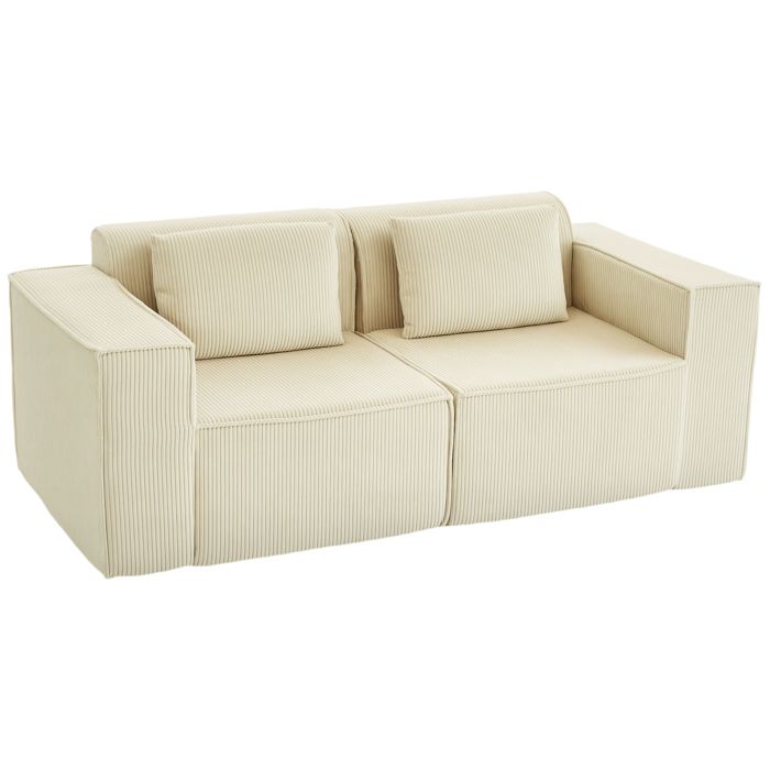Canapé 3 places - HOMCOM - assise rembourrée larges accoudoirs 2 coussins - pas de montage - velours côtelé - 202x90x76cm - beige