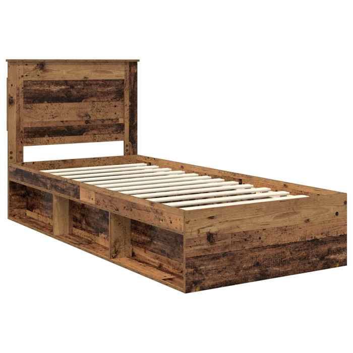 Structure de lit en bois - UU - Pin massif - Bois ancien - 90x190 cm - Cadre à lattes - Facile à nettoyer