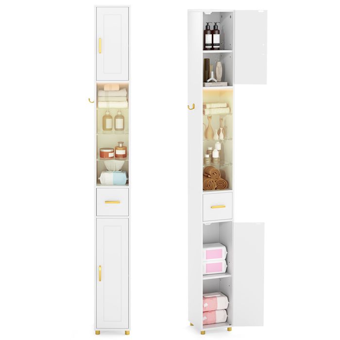 COSTWAY Meuble Colonne de Salle de Bain - LED 3 Couleurs 2 Placards à Porte 1 Tiroir 3 Étagères en Verre Trempé Réglables Blanc
