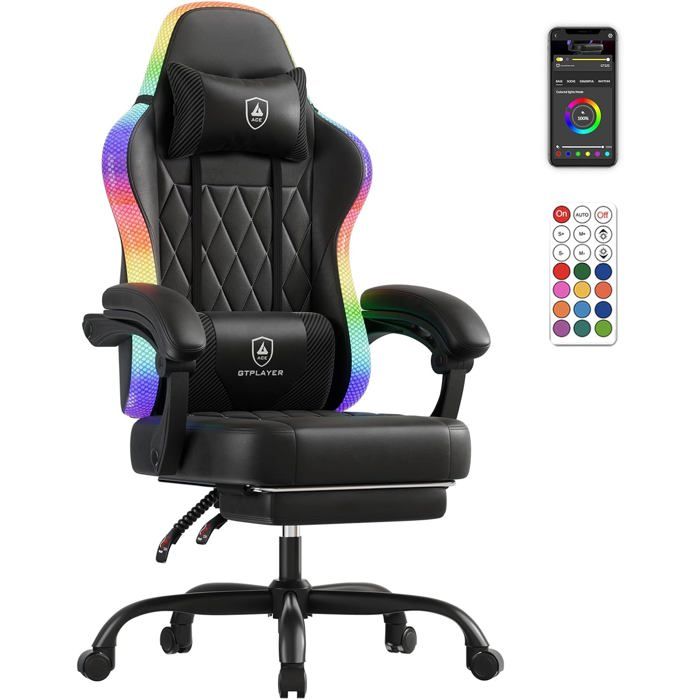 chaise gaming chaise de bureau ergonomique en polycarbonate avec télécommande barre LED et dossier avec sac de rangement.
