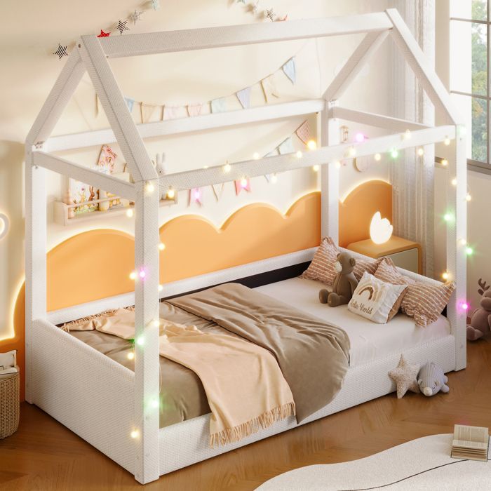 Lit cabane enfant 90x200cm avec bandes LED lit enfant Montessori au sol cadre de lit revêtement en lin beige Sans matelas Lit cabane enfant 90x200cm avec bandes LED lit enfant Montessori au sol cadre de lit revêtement en lin beige Sans matelas