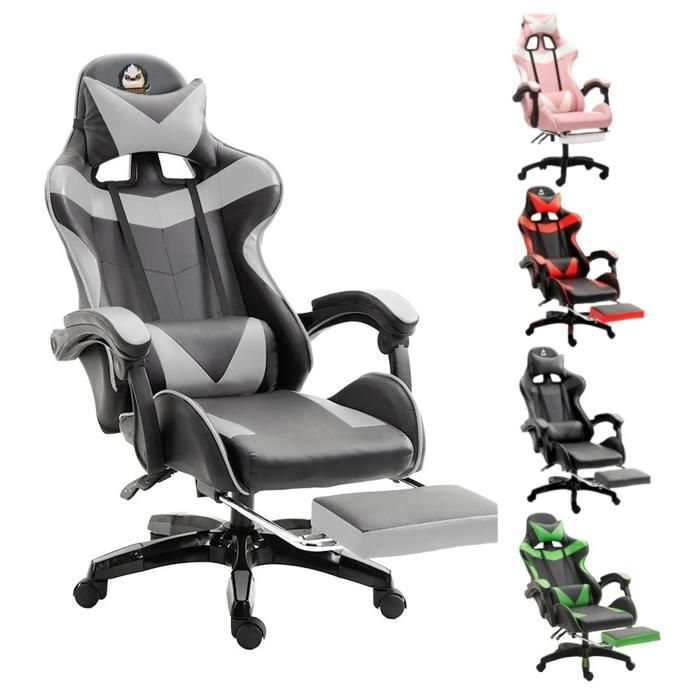 Chaise Gaming Ergonomique Noir et Gris Support Lombaire Repose-pieds Oreilles de Chat Coussin Tête Inclinaison Réglable