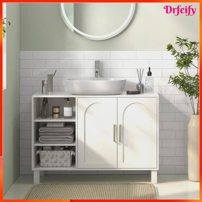 Meuble sous lavabo - AKOZON - 10074 - 90 x 30 x 63 cm - Découpe en U 15x20 cm - 3 étagères placard réglable